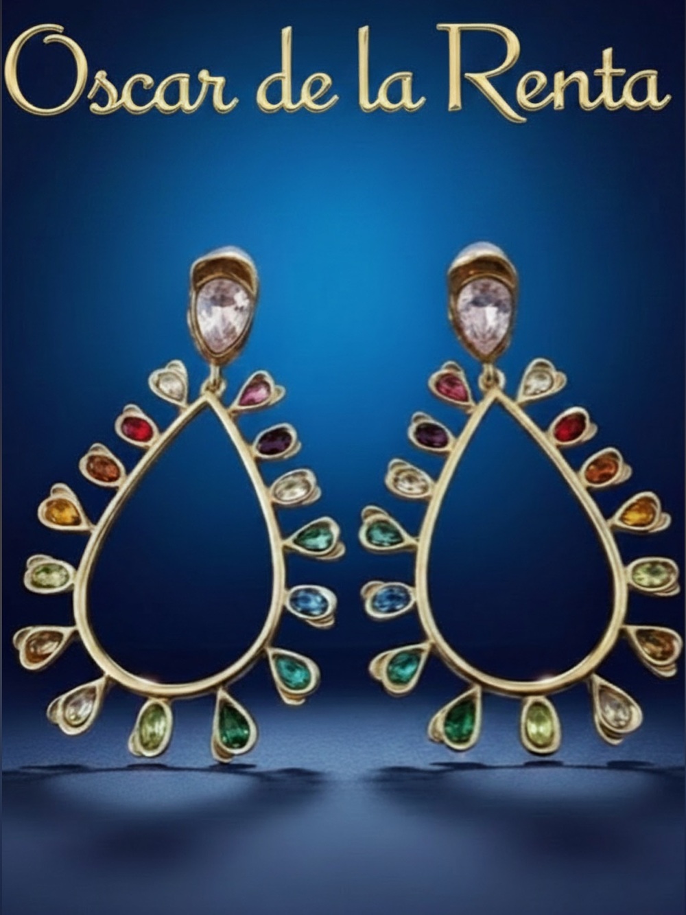Oscar de la Renta MULTICOLORED GOLD Teardrop Hoop Earrings ⭐️ CLIP ON🩵💚💛🧡❤️🩷 - Picture 2 of 16